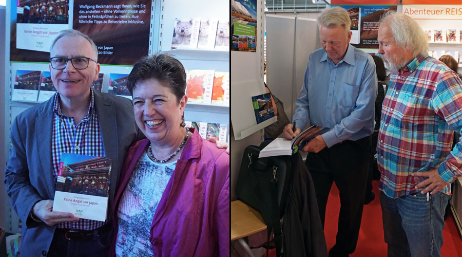 Links: Wolfgang Beckmann und seine Frau, Rechts: Arthur Bollason signiert sein Island-Lesebuch